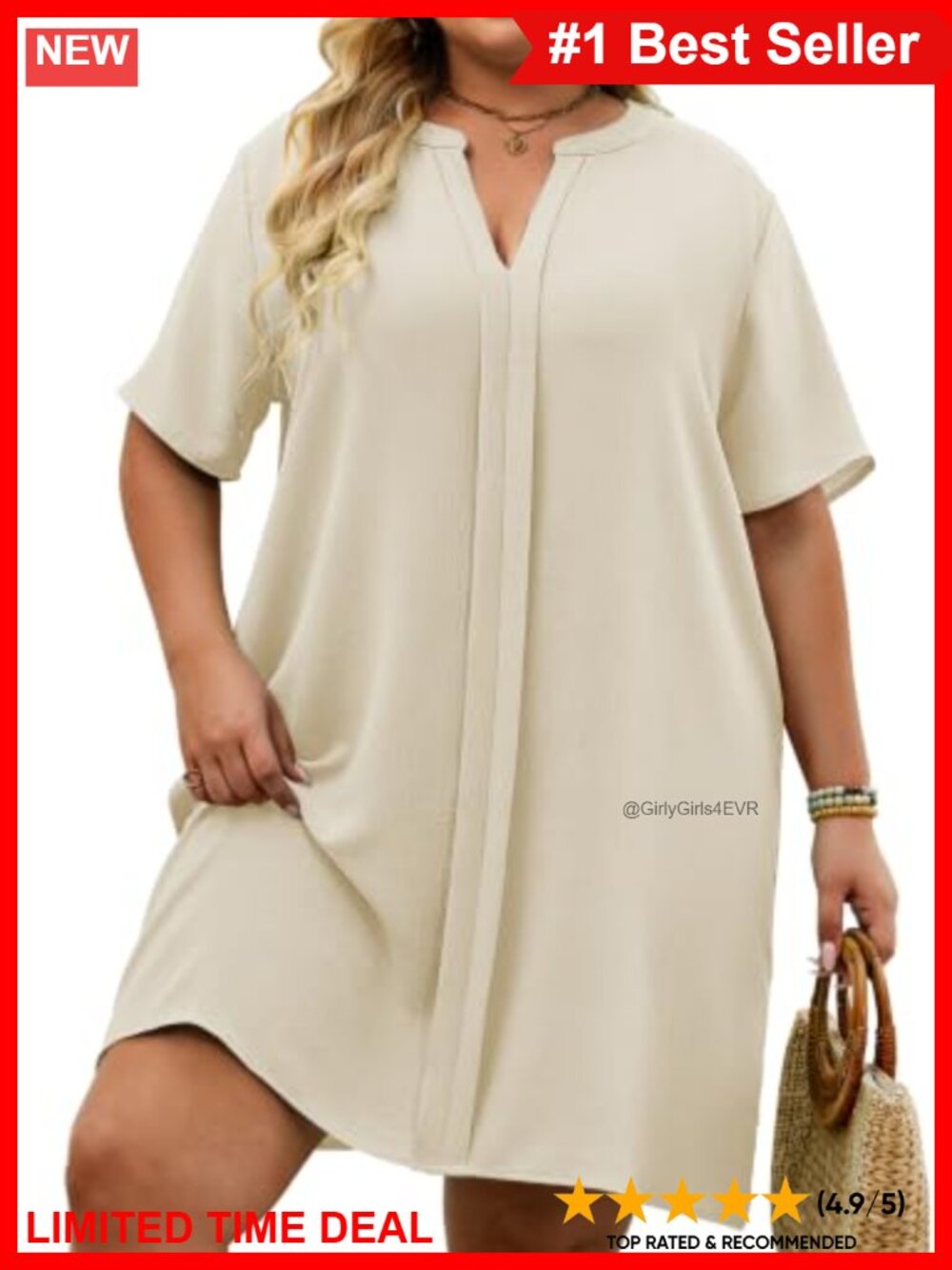 Plus Size V Neck Swim Coverup Short Sleeve Beach Dress 100% Polyester